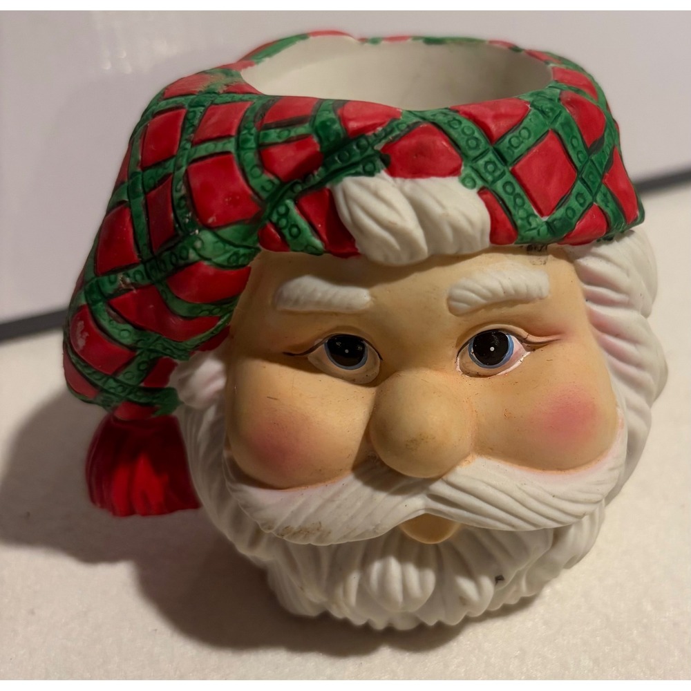 Vintage Ceramic Santa Claus Votive Candle Holder Plaid Hat Christmas Decor